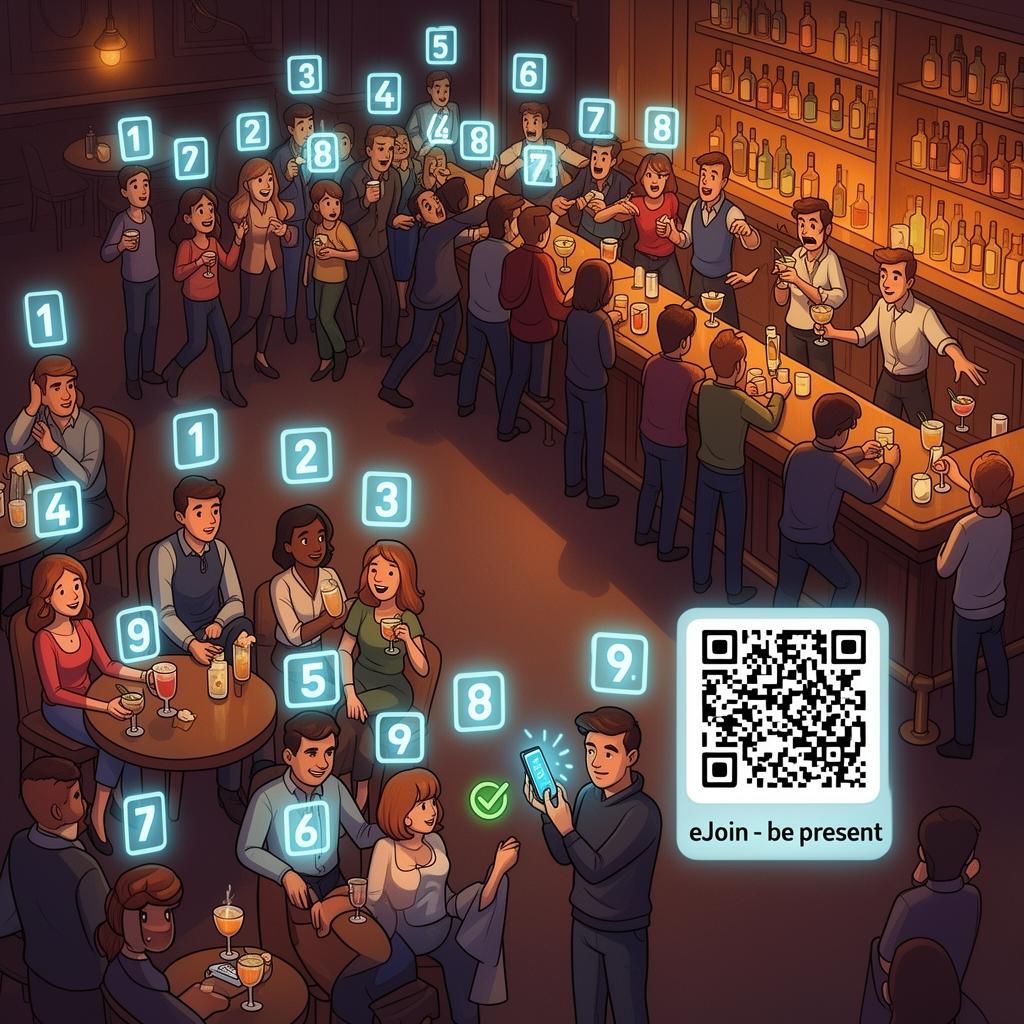 Illustration comparing a chaotic physical queue at a cocktail bar to a relaxed eLine group, each person with holographic queue numbers